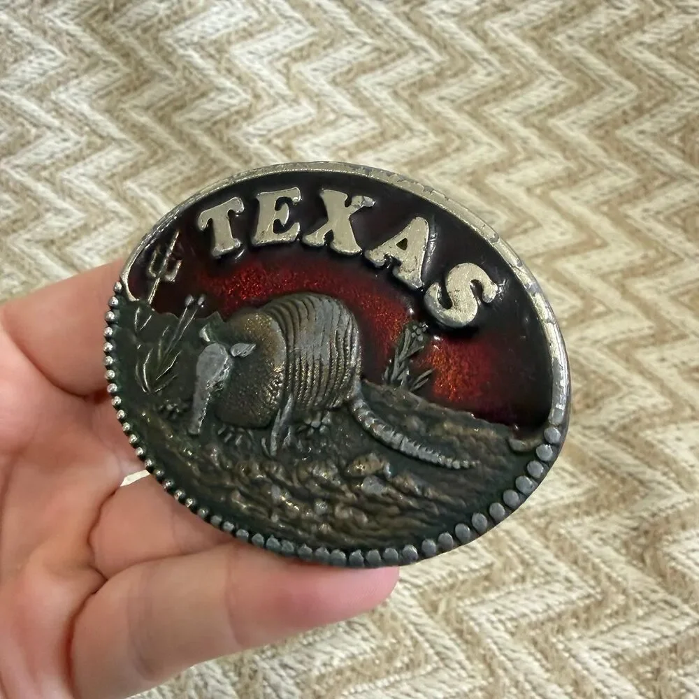 Vintage Koleaco Texas Armadillo Red Enamel Belt Buckle Western Cowboy Rodeo USA